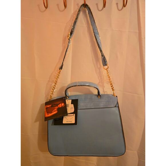 Iman Global Chic Satchel /Crossbody Light Blue Flower Garden Gold Hardware NWT - Picture 2 of 4